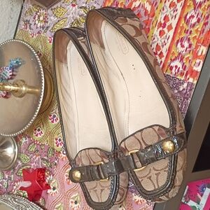 Coach Women's Tan and Brown Loafers with Gold Accents